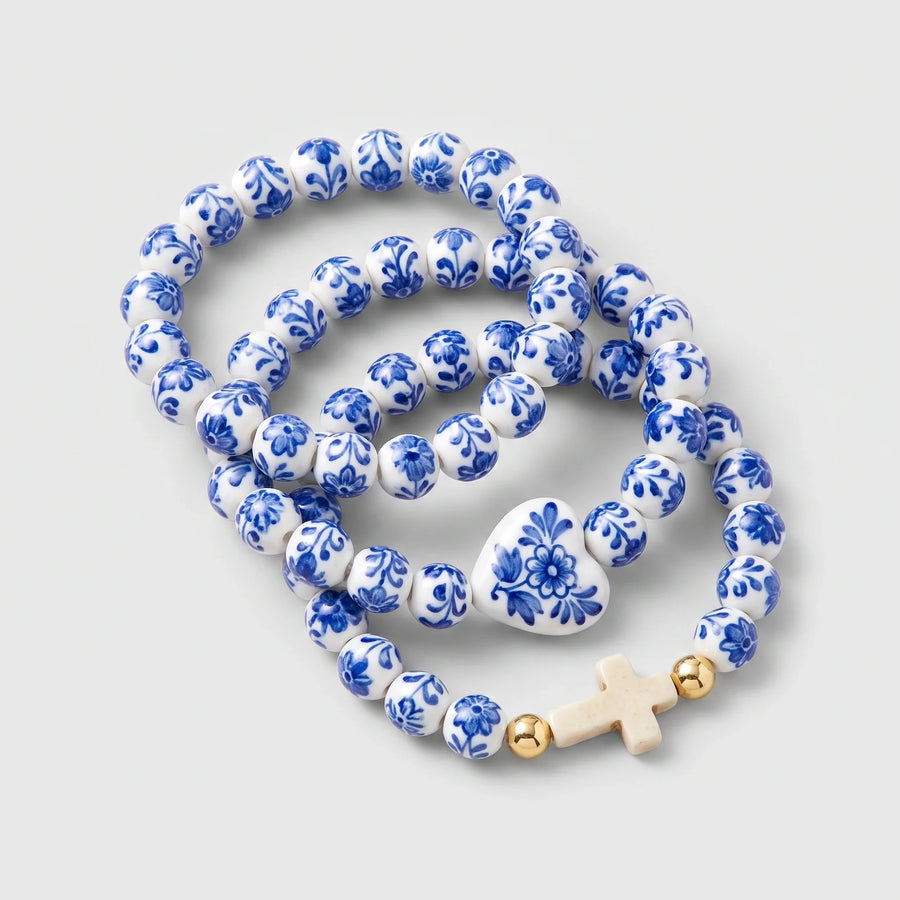 Conjunto de 3 Pulseras de Cerámica Española — lisa, cruz y corazón