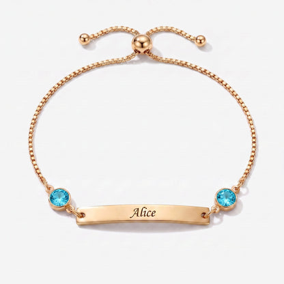 Pulsera personalizada con nombre, placa y piedra de nacimiento dorada — Diciembre, Circón — placa grabable y dos piedras