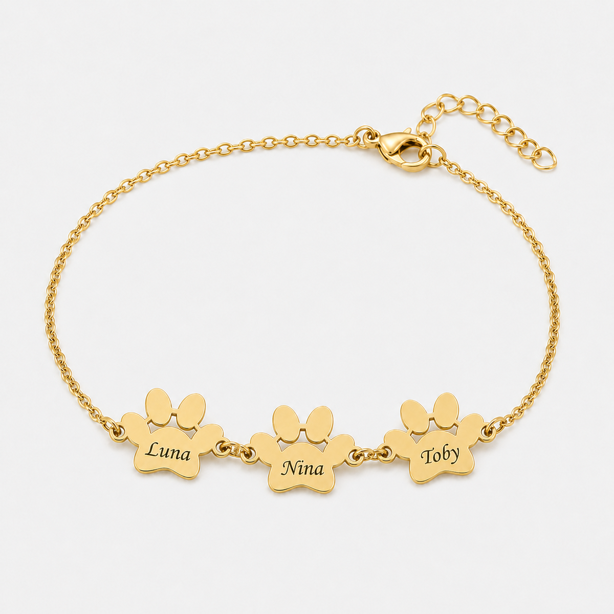 Pulsera Personalizada con Huellas y nombres dorada — 3 Huellas — nombres Luna, Nina y Toby