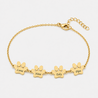 Pulsera Personalizada con Huellas y nombres dorada — 4 Huellas — nombres Luna, Nina, Toby y Pipa