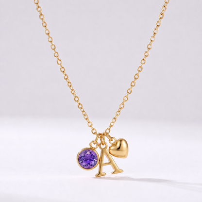 Collar letra A dorado con piedra de nacimiento Febrero — Amatista y coração