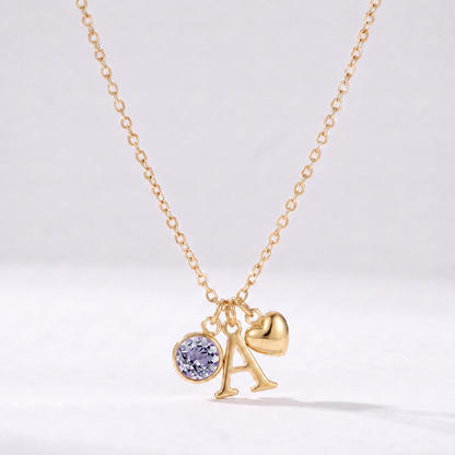 Collar letra A dorado con piedra de nacimiento Junio — Alejandrita y coração