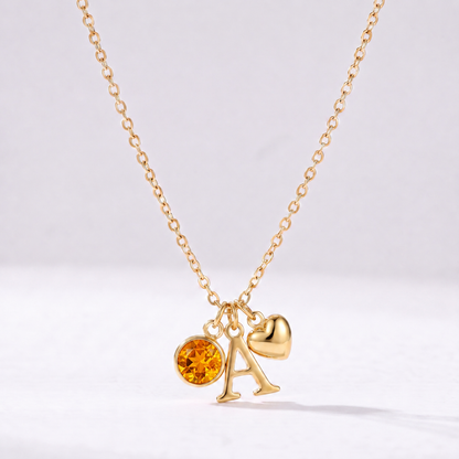 Collar letra A dorado con piedra de nacimiento Noviembre — Citrino y coração