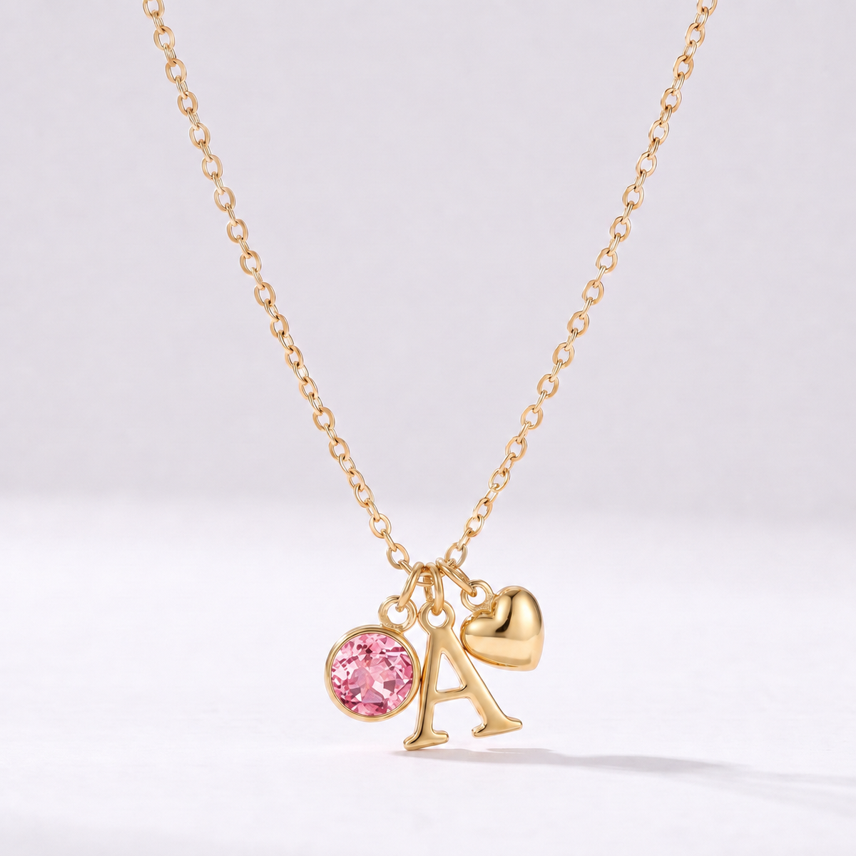 Collar letra A dorado con piedra de nacimiento Octubre — Turmalina Rosa y coração