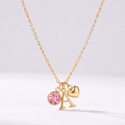 Collar letra A dorado con piedra de nacimiento Octubre — Turmalina Rosa y coração