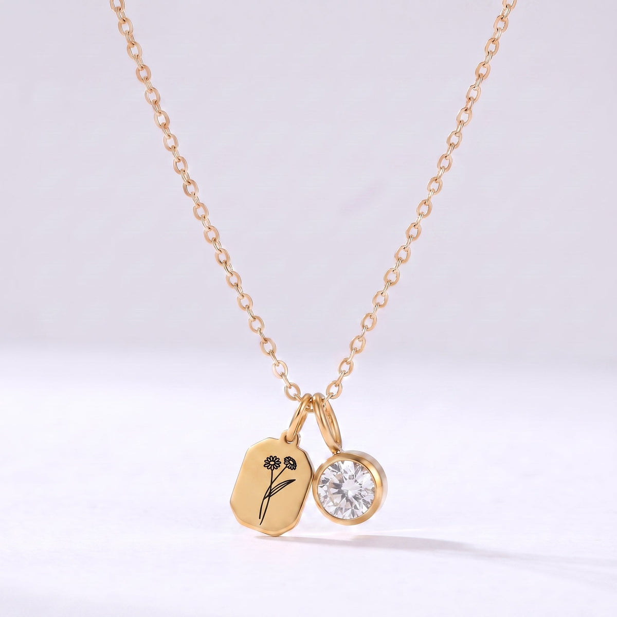 Collar flor y piedra de nacimiento Abril-Diamante dorado