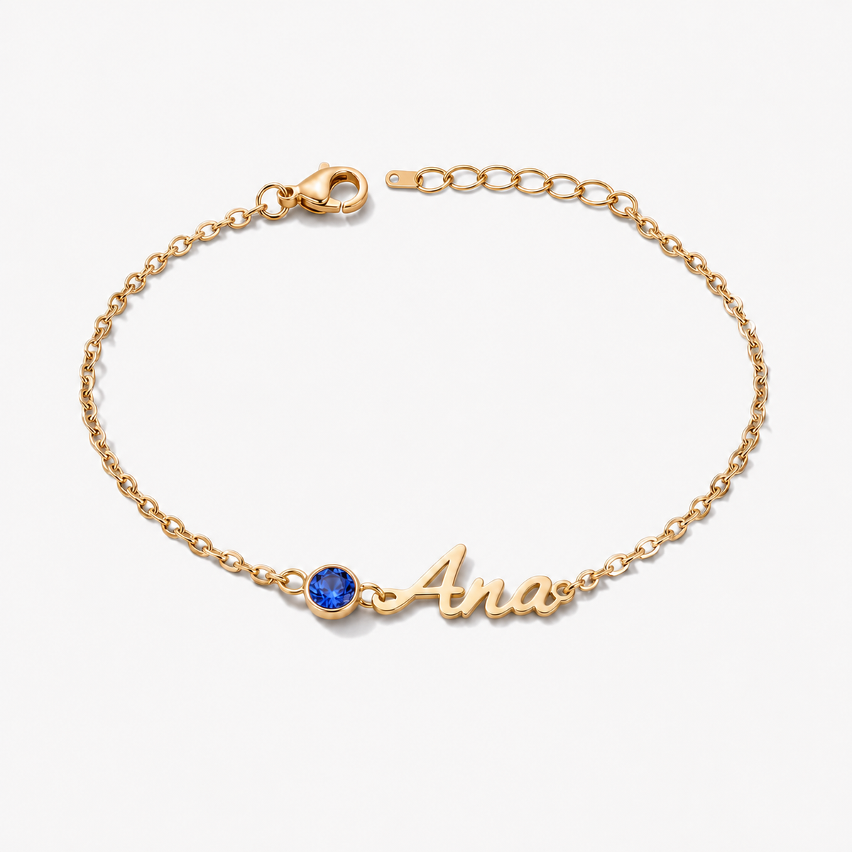 Pulsera con nombre y piedra de nacimiento dorada — Zafiro (Septiembre), nombre Ana