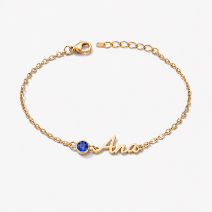 Pulsera con nombre y piedra de nacimiento dorada — Zafiro (Septiembre), nombre Ana