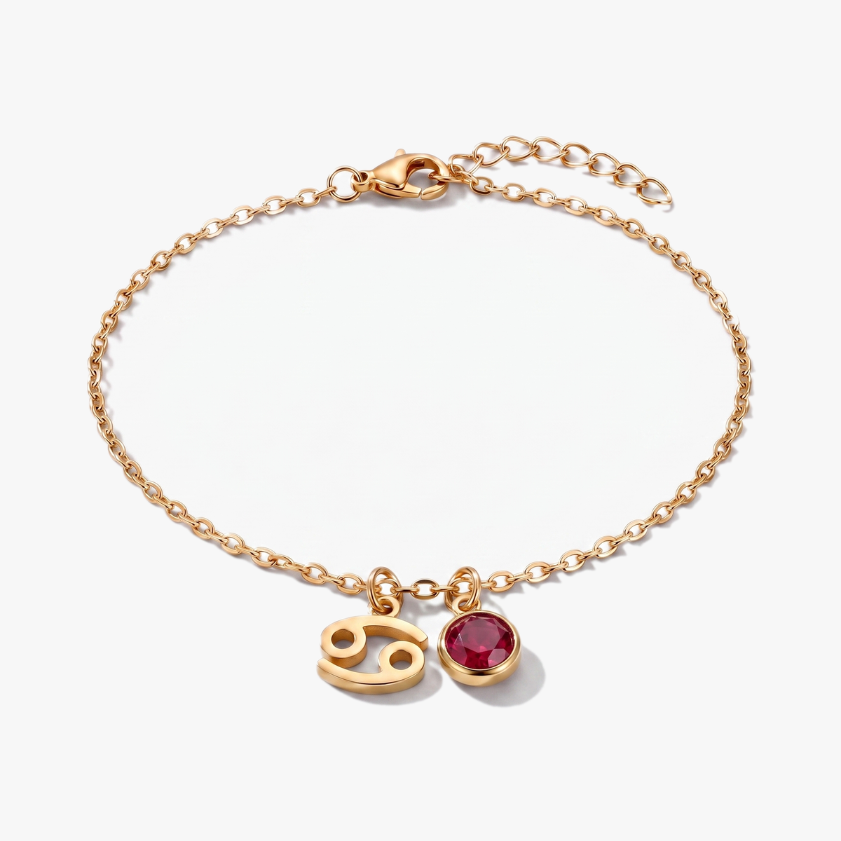 Pulsera signo del zodiaco Cáncer dorada con piedra de nacimiento Rubí