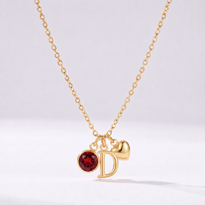 Collar letra D dorado con piedra de nacimiento y coração