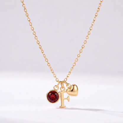 Collar letra F dorado con piedra de nacimiento y coração