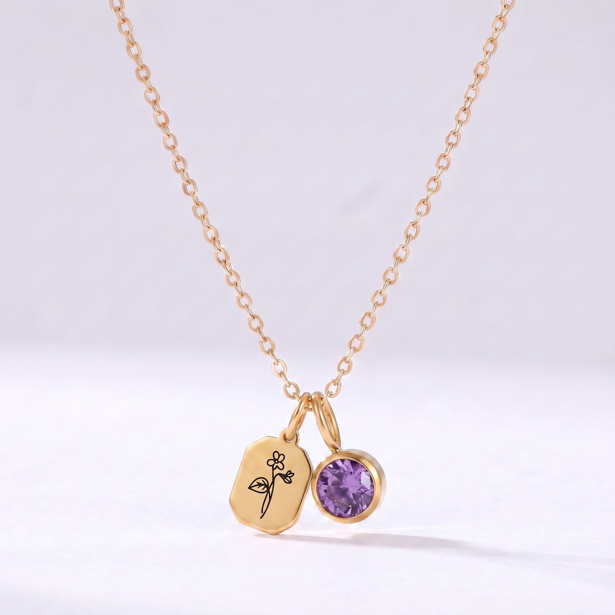 Collar flor y piedra de nacimiento Febrero-Amatista dorado