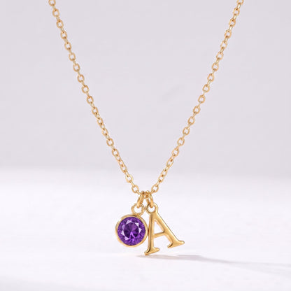Collar letra A dorado con piedra de nacimiento Febrero — Amatista