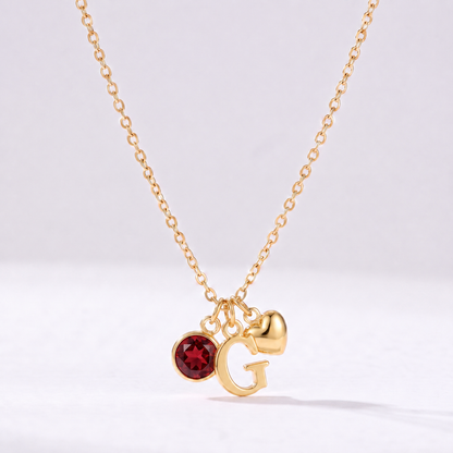 Collar letra G dorado con piedra de nacimiento y coração