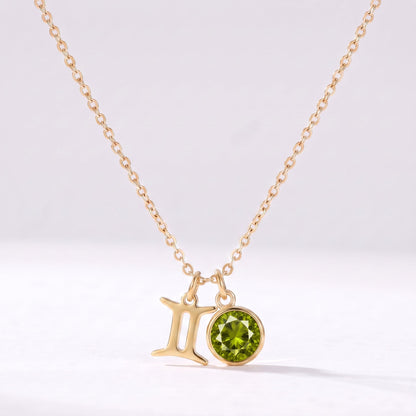 Collar signo del zodiaco Géminis dorado con piedra de nacimiento Peridoto