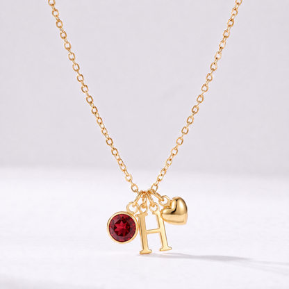 Collar letra H dorado con piedra de nacimiento y coração