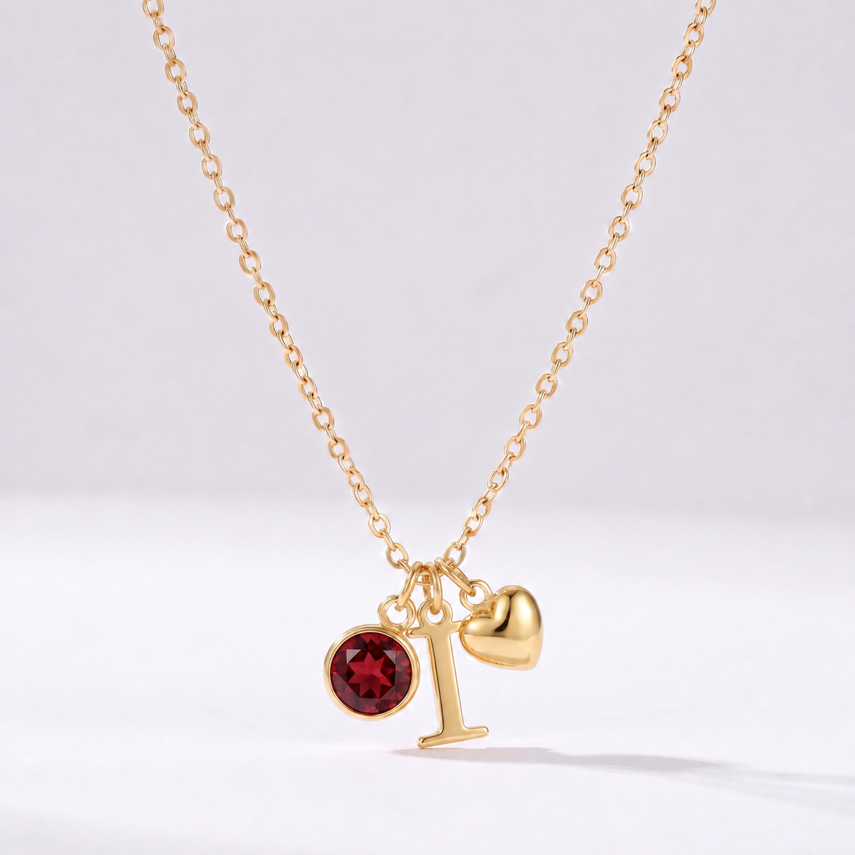 Collar letra I dorado con piedra de nacimiento y coração