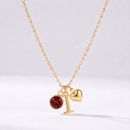 Collar letra I dorado con piedra de nacimiento y coração
