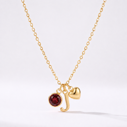 Collar letra J dorado con piedra de nacimiento y coração