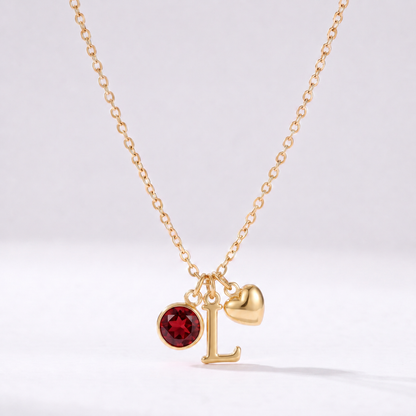 Collar letra L dorado con piedra de nacimiento y coração