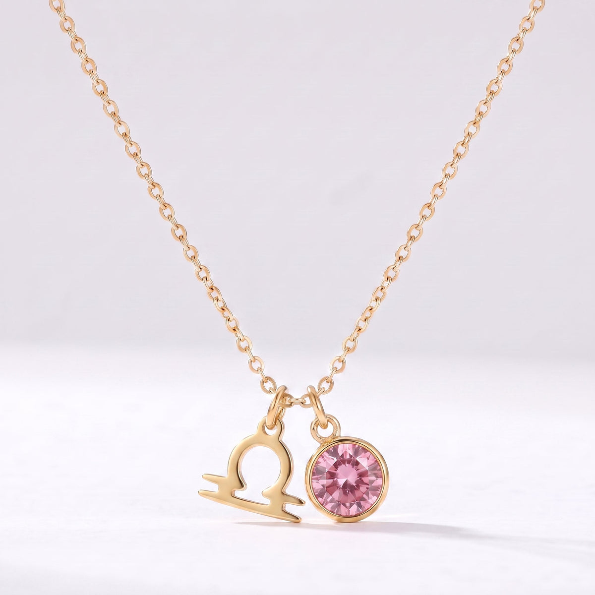 Collar signo del zodiaco Libra dorado con piedra de nacimiento Turmalina rosa