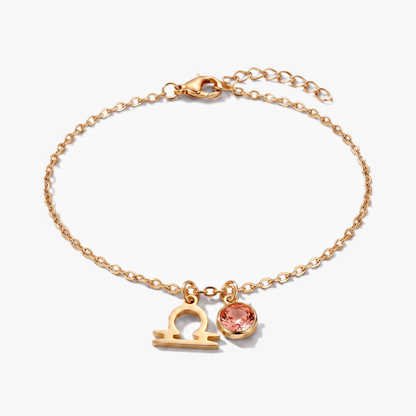 Pulsera signo del zodiaco Libra dorada con piedra de nacimiento Turmalina rosa