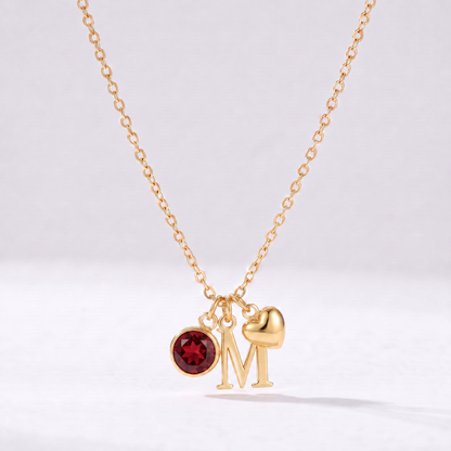 Collar letra M dorado con piedra de nacimiento y coração