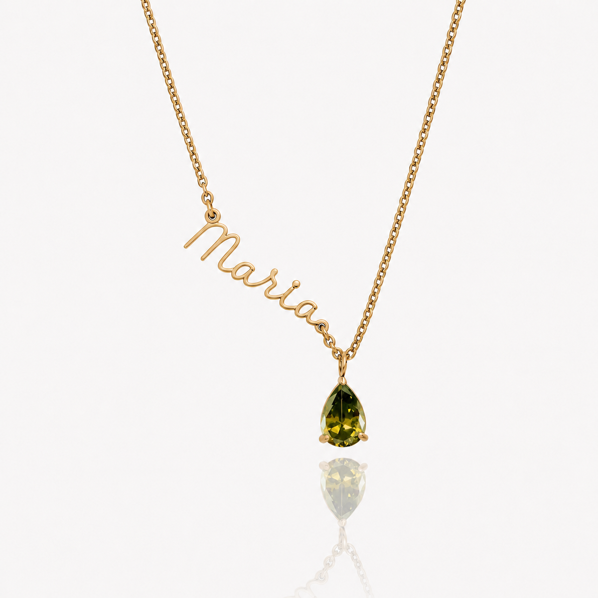 Collar Nombre y piedra de nacimiento dorado — Agosto — Peridoto