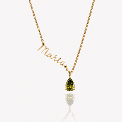 Collar Nombre y piedra de nacimiento dorado — Agosto — Peridoto