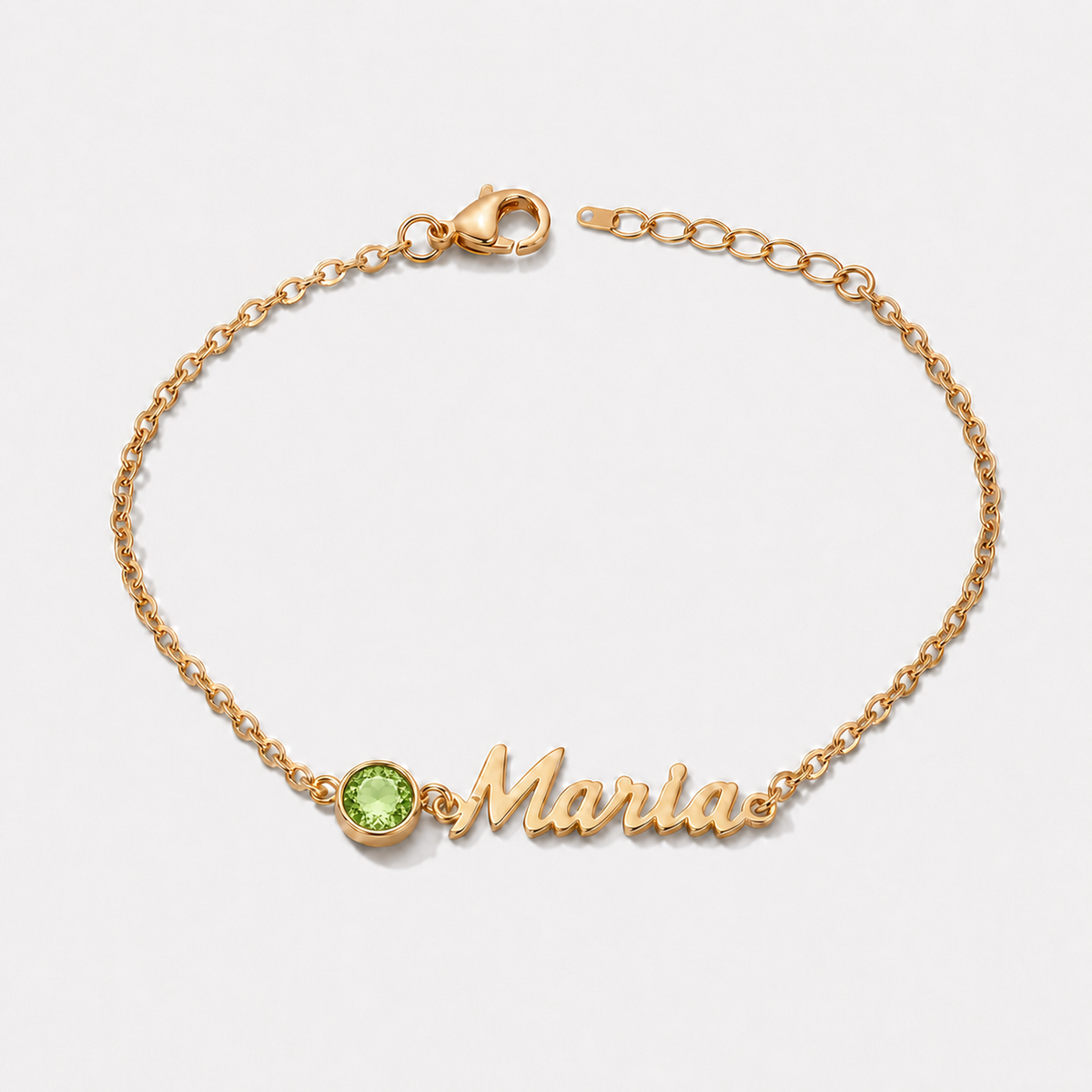 Pulsera con nombre y piedra de nacimiento dorada — Agosto — Peridoto, nombre Maria
