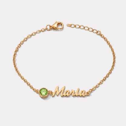Pulsera con nombre y piedra de nacimiento dorada — Agosto — Peridoto, nombre Maria