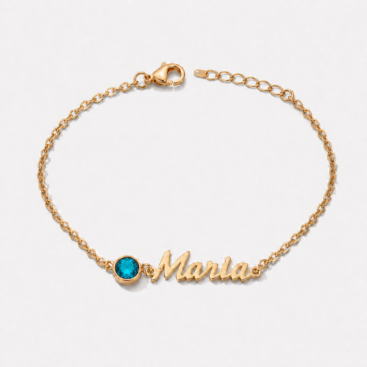 Pulsera con nombre y piedra de nacimiento dorada — Diciembre — Topacio azul, nombre Maria