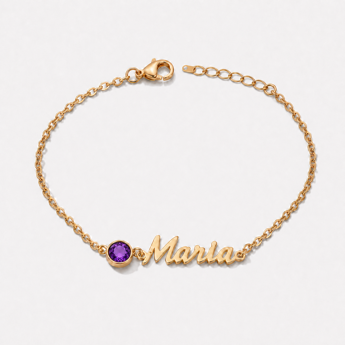 Pulsera con nombre y piedra de nacimiento dorada — Febrero — Amatista, nombre Maria