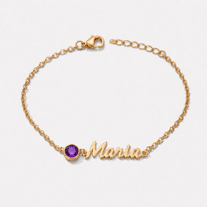 Pulsera con nombre y piedra de nacimiento dorada — Febrero — Amatista, nombre Maria