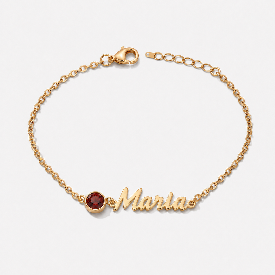 Pulsera con nombre y piedra de nacimiento dorada — Granate (Enero), nombre Maria