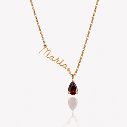 Collar Nombre y piedra de nacimiento dorado — Enero — Granate