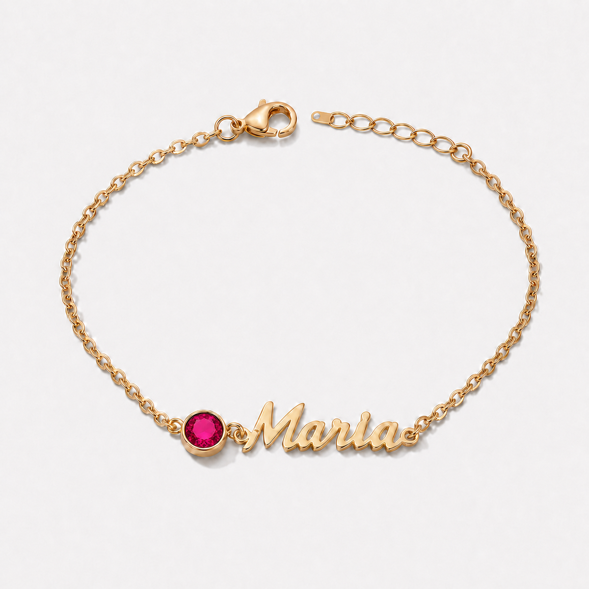 Pulsera con nombre y piedra de nacimiento dorada — Julio — Rubí, nombre Maria