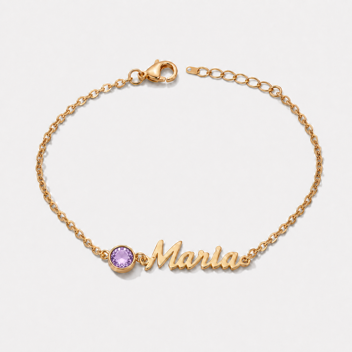 Pulsera con nombre y piedra de nacimiento dorada — Junio — Alejandrita, nombre Maria