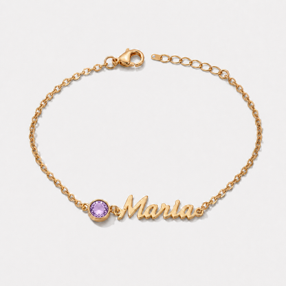 Pulsera con nombre y piedra de nacimiento dorada — Junio — Alejandrita, nombre Maria