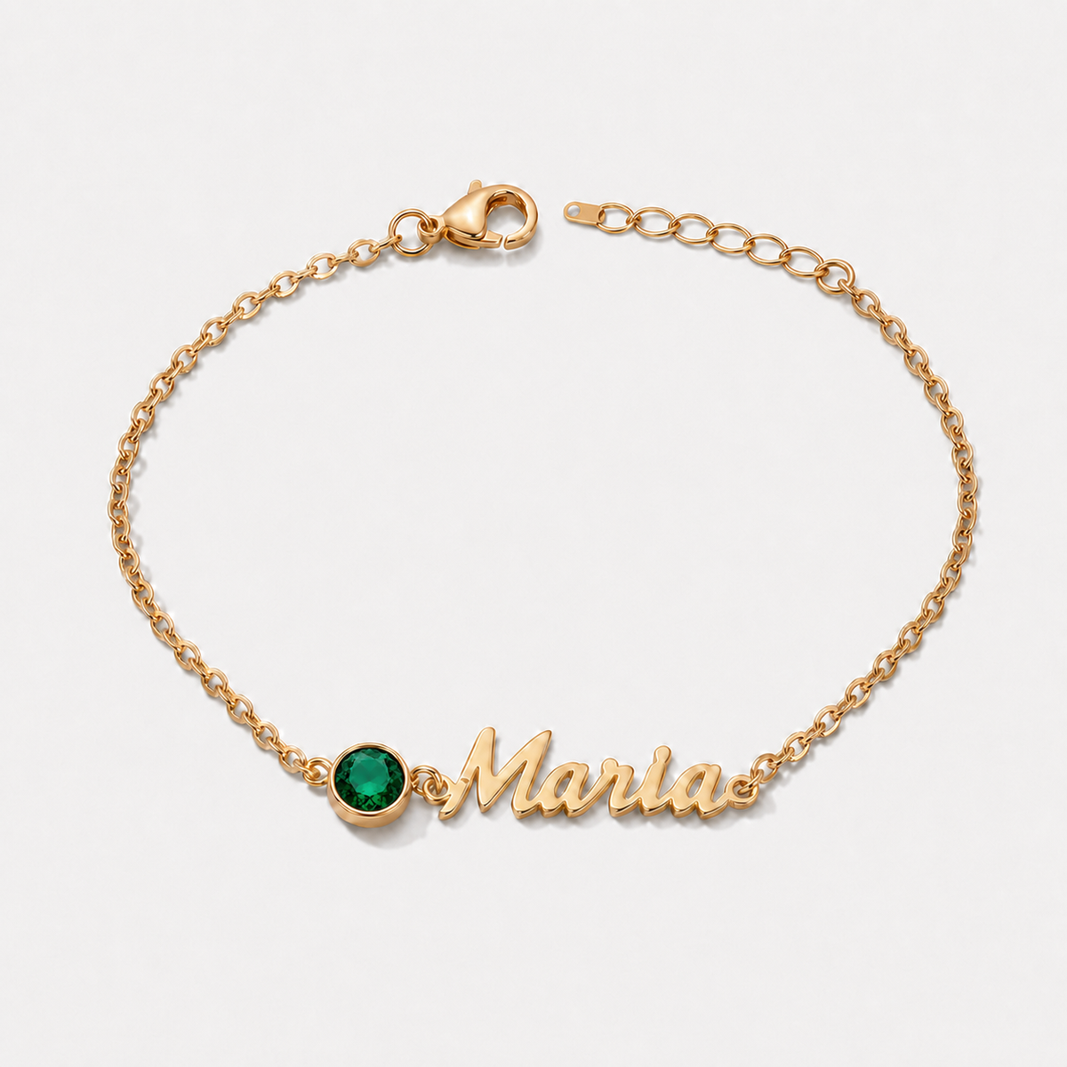 Pulsera con nombre y piedra de nacimiento dorada — Mayo — Esmeralda, nombre Maria