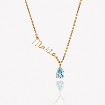 Collar Nombre y piedra de nacimiento dorado — Marzo — Aguamarina