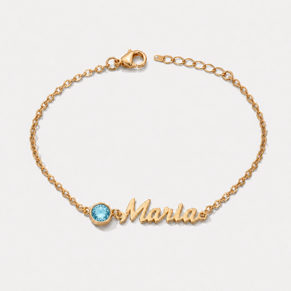 Pulsera con nombre y piedra de nacimiento dorada — Marzo — Aguamarina, nombre Maria