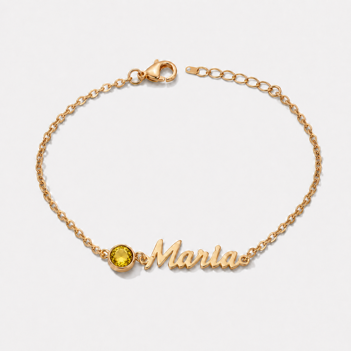 Pulsera con nombre y piedra de nacimiento dorada — Noviembre — Citrino, nombre Maria
