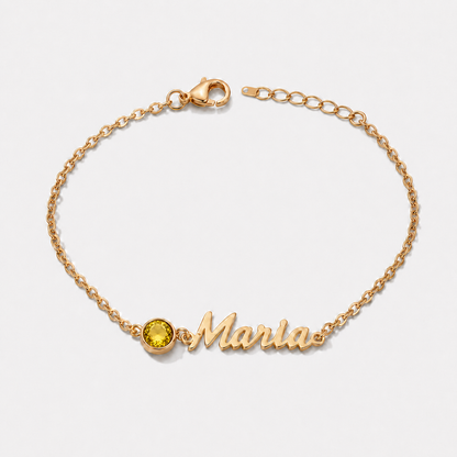 Pulsera con nombre y piedra de nacimiento dorada — Noviembre — Citrino, nombre Maria