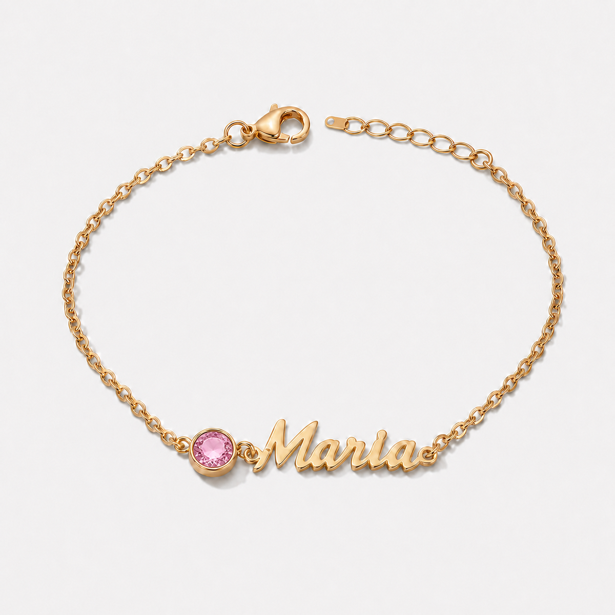 Pulsera con nombre y piedra de nacimiento dorada — Octubre — Turmalina rosa, nombre Maria