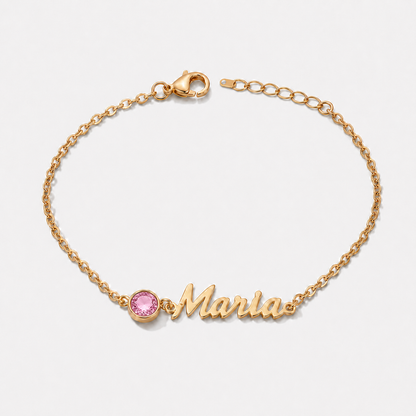 Pulsera con nombre y piedra de nacimiento dorada — Octubre — Turmalina rosa, nombre Maria