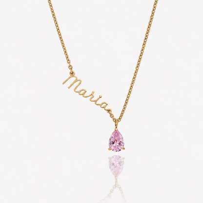 Collar Nombre y piedra de nacimiento dorado — Octubre — Turmalina Rosa