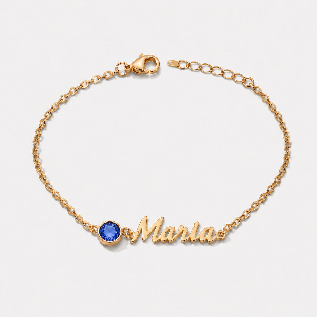 Pulsera con nombre y piedra de nacimiento dorada — Septiembre — Zafiro, nombre Maria