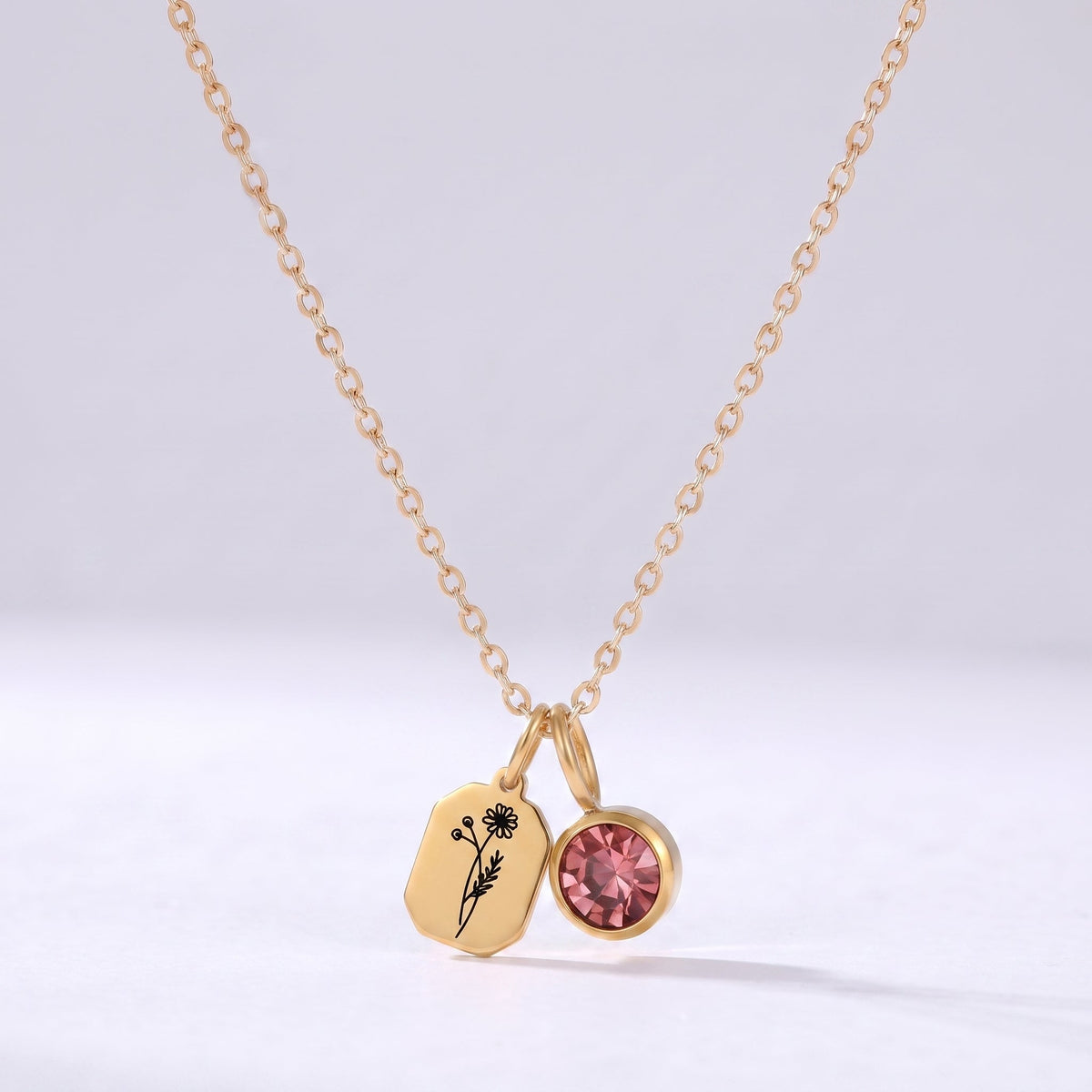 Collar flor y piedra de nacimiento Octubre-Turmalina rosa dorado