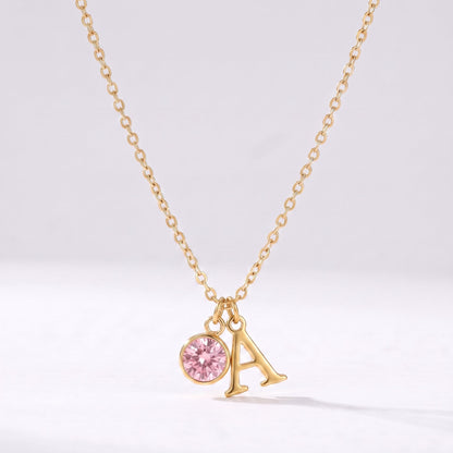Collar letra A dorado con piedra de nacimiento Octubre — Turmalina rosa